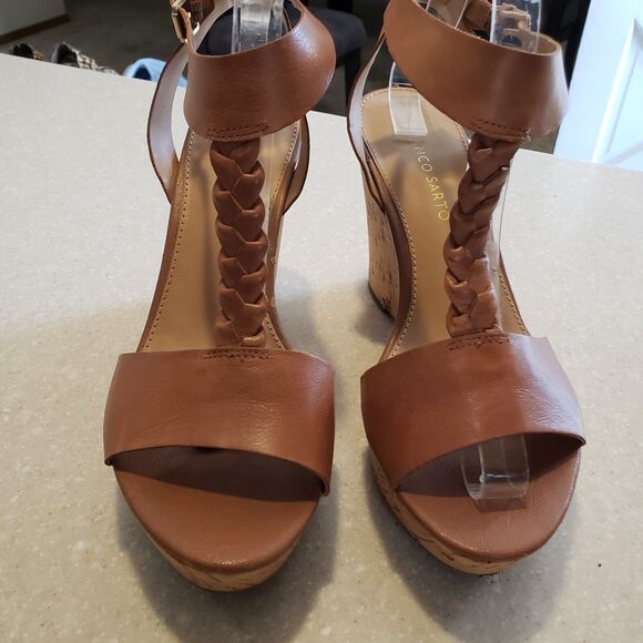 Franco Sarto Chestnut Leather Wedges.  Size 11 T-Strap Cork Platform. - Picture 3 of 9